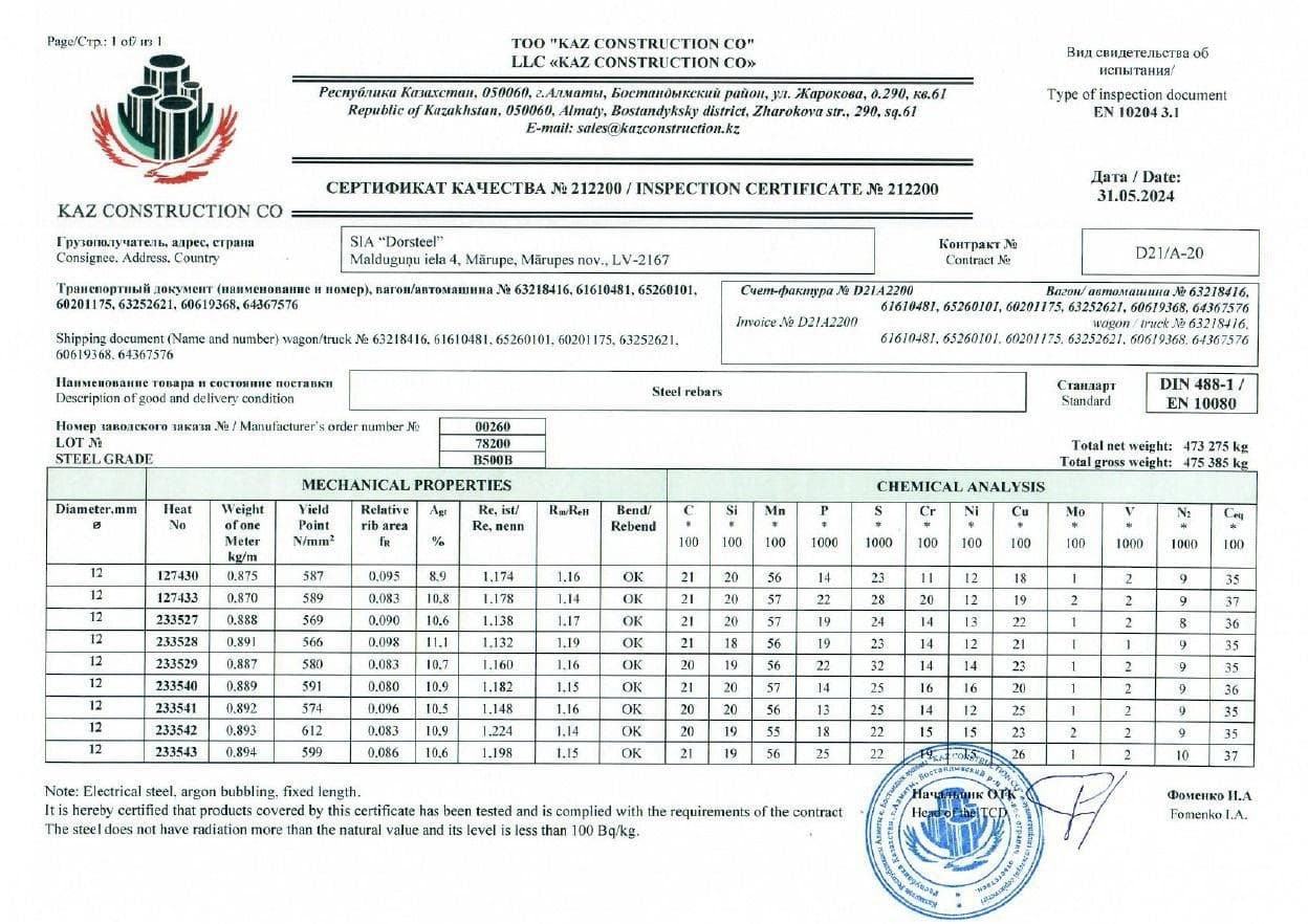 Стальная арматура B500B 12 мм инспекционный сертификат EN 10204 3.1 — KAZ CONSTRUCTION CO